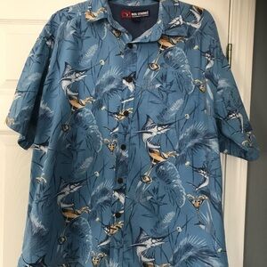Reel Legends Oceanic Blue Fish & Martini Glasses Large Short Sleeve Button Shirt